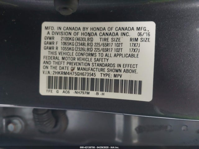 2HKRM4H75GH673545 Honda Cr-v Ex-l