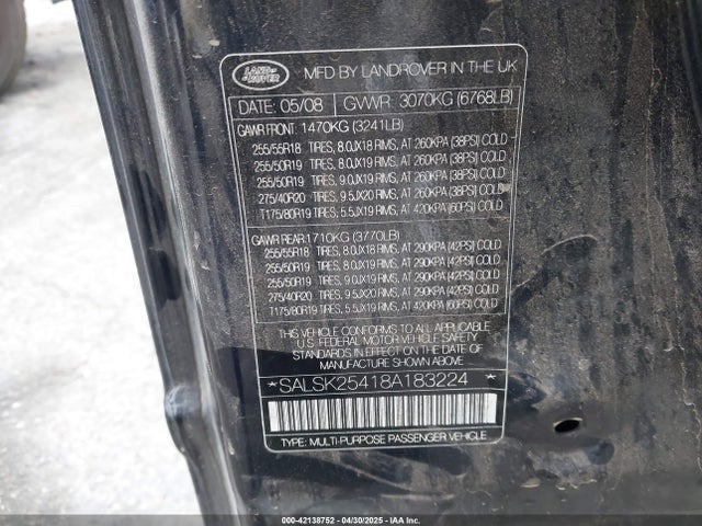Aukcja sprzedaży 2008 Land Rover Range Rover Sport Hse, vin: SALSK25418A183224, numer aukcji: 42138752
