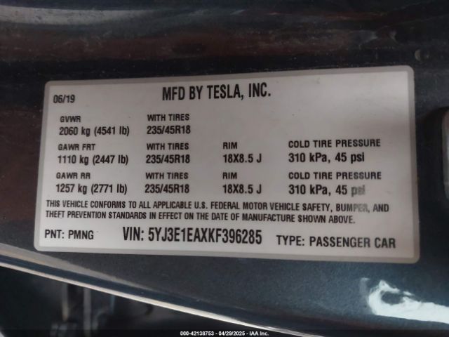 2019 TESLA MODEL 3 5YJ3E1EAXKF396285 Photo 8