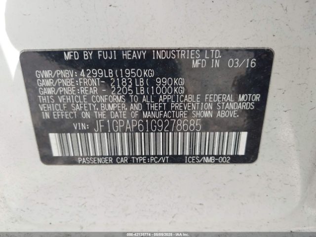 JF1GPAP61G9278685 Subaru Impreza 2.0i Sport Premium
