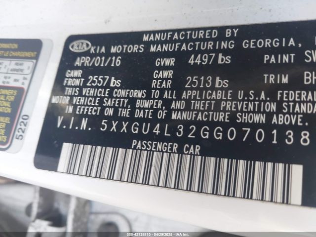 5XXGU4L32GG070138 KIA OPTIMA EX