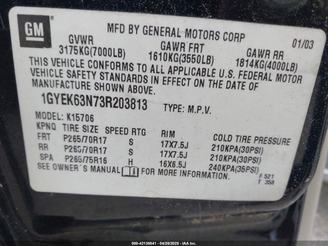 2003 CADILLAC ESCALADE 1GYEK63N73R203813 Photo 8