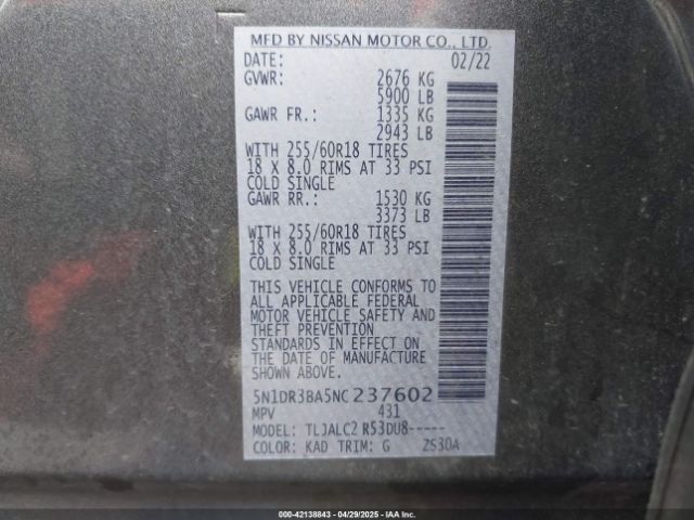 5N1DR3BA5NC237602 Nissan Pathfinder Sv 2wd