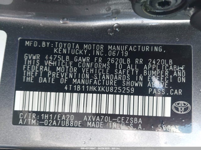 4T1B11HKXKU825259 Toyota CAMRY SE