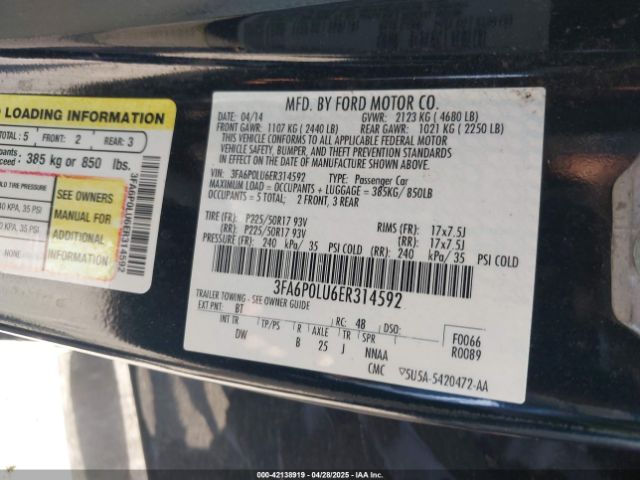 3FA6P0LU6ER314592 Ford Fusion Hybrid Se