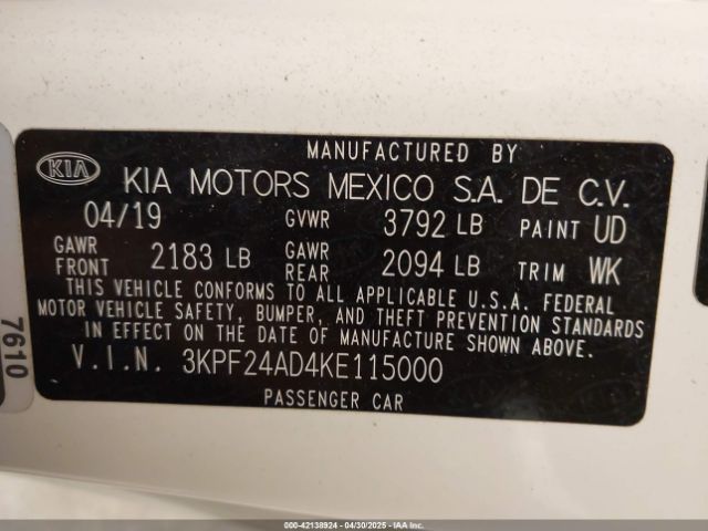 3KPF24AD4KE115000 KIA Forte Lxs