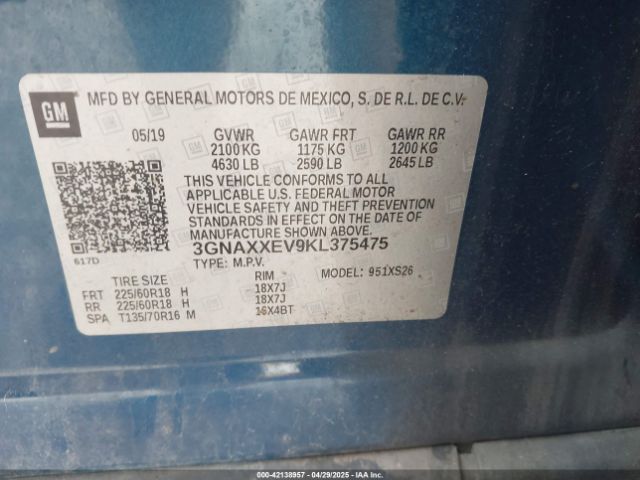 3GNAXXEV9KL375475 Chevrolet Equinox Premier