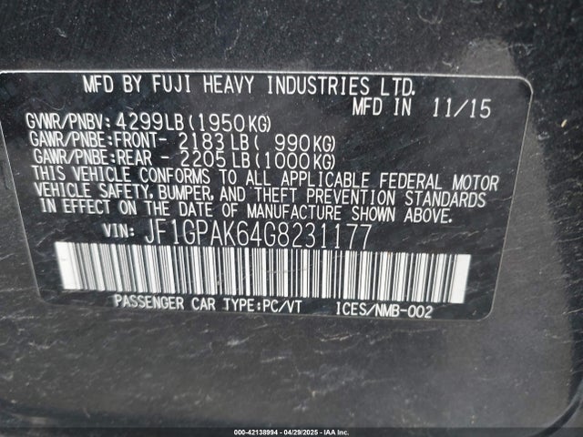 JF1GPAK64G8231177 Subaru Impreza 2.0i Limited