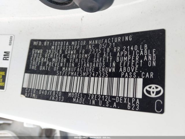 5YFEPMAE5MP247335 Toyota 2zr-fae