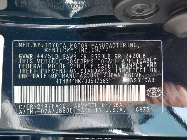 4T1B11HK7JU517383 Toyota CAMRY SE
