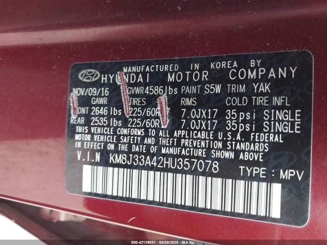 KM8J33A42HU357078 Hyundai TUCSON SE