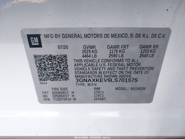 3GNAXKEV9LS701575 Chevrolet Equinox Fwd Lt 1.5l Turbo