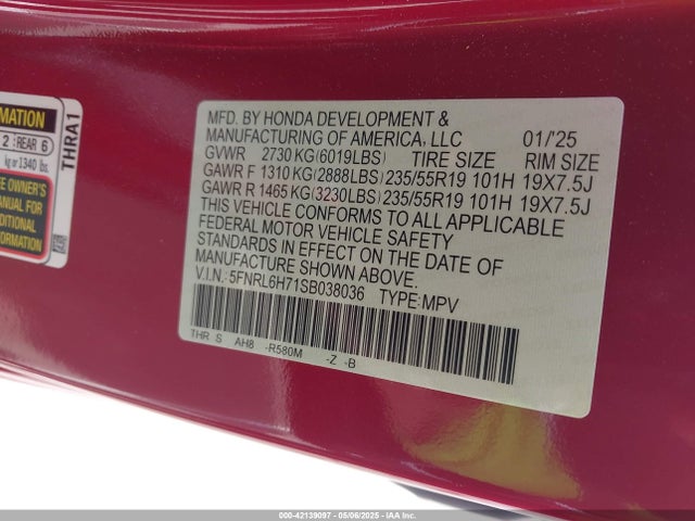 5FNRL6H71SB038036 Honda Odyssey Sport-l