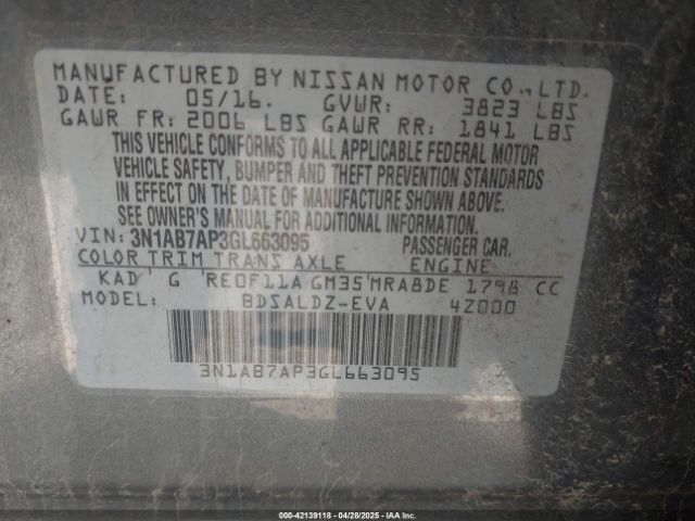 3N1AB7AP3GL663095 Nissan SENTRA SV
