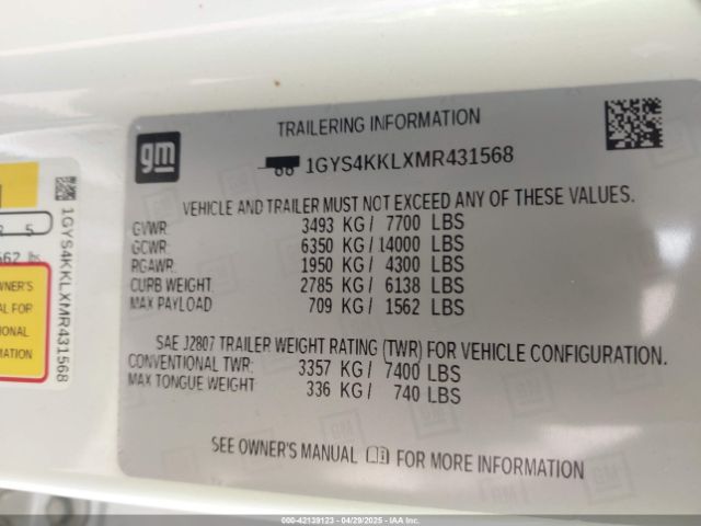 1GYS4KKLXMR431568 Cadillac Escalade Esv 4wd Premium Luxury