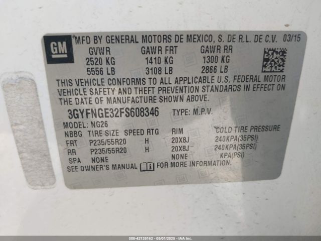 3GYFNGE32FS608346 Cadillac Srx Premium Collection