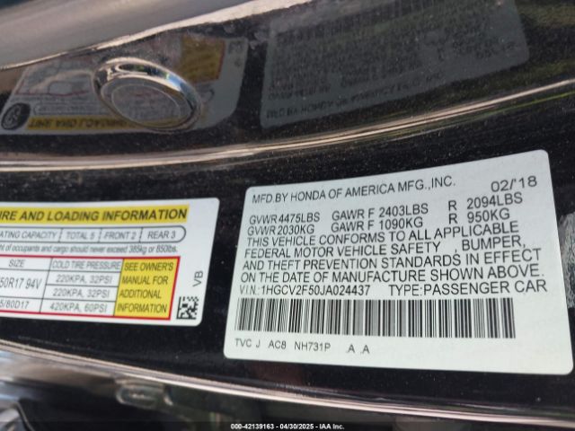 1HGCV2F50JA024437 Honda Accord Ex-l 2.0t