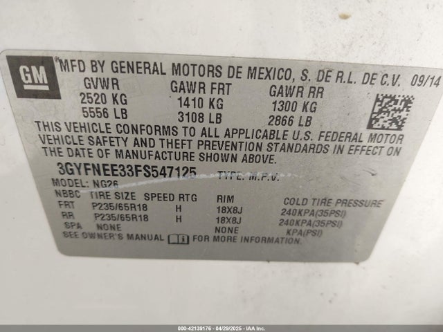 2015 CADILLAC SRX 3GYFNEE33FS547125 Photo 8