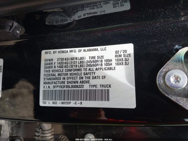 5FPYK3F85LB006322 Honda j35y6