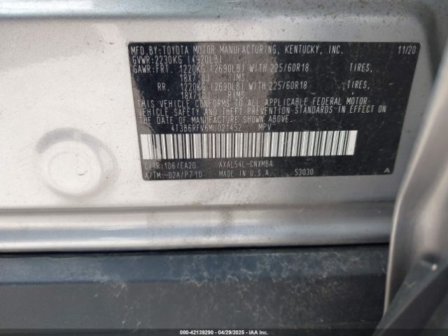 4T3B6RFV6MU021452 Toyota Rav4 Hybrid Xle Premium