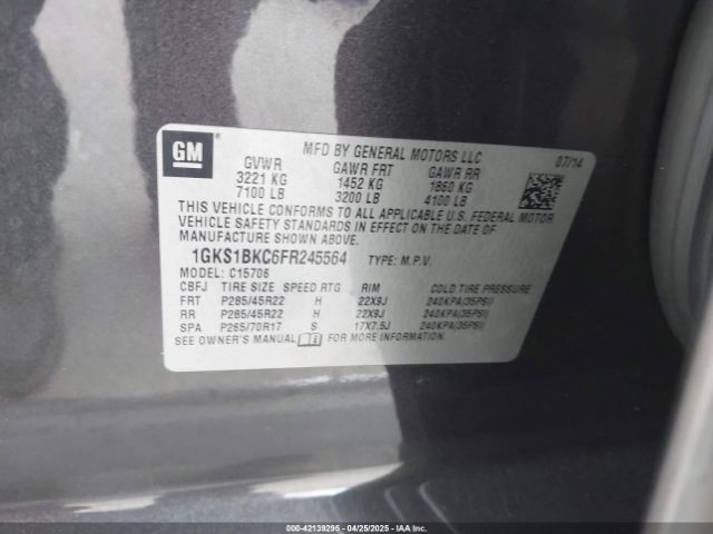 1GKS1BKC6FR245564 GMC YUKON SLT