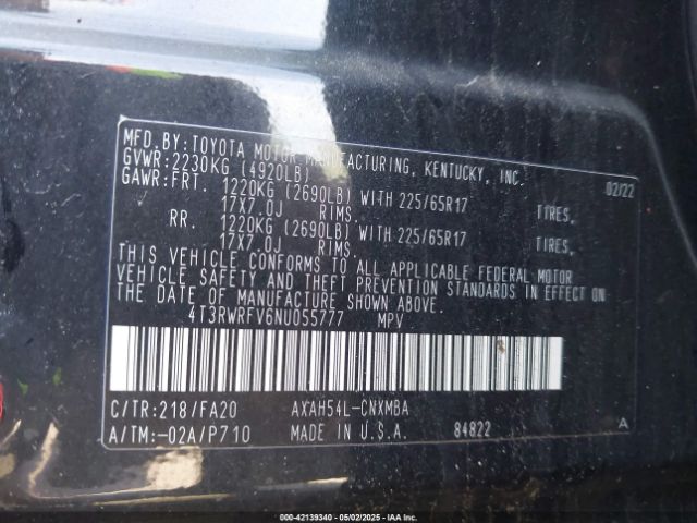 4T3RWRFV6NU055777 Toyota Rav4 Hybrid Xle