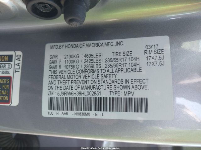 5J6RW6H38HL002851 Honda CR-V LX
