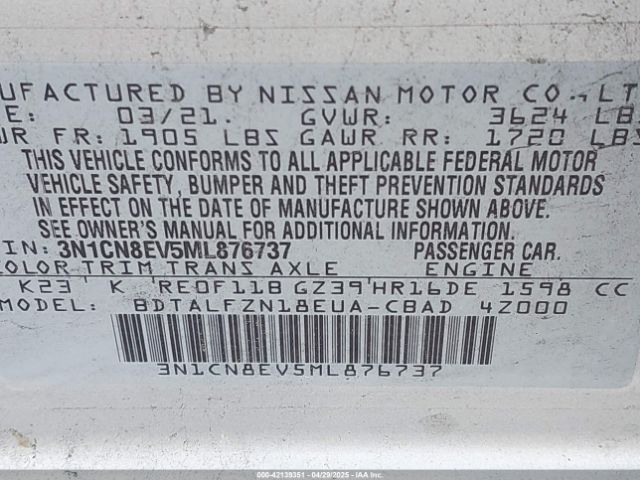 3N1CN8EV5ML876737 Nissan Versa Sv Xtronic Cvt