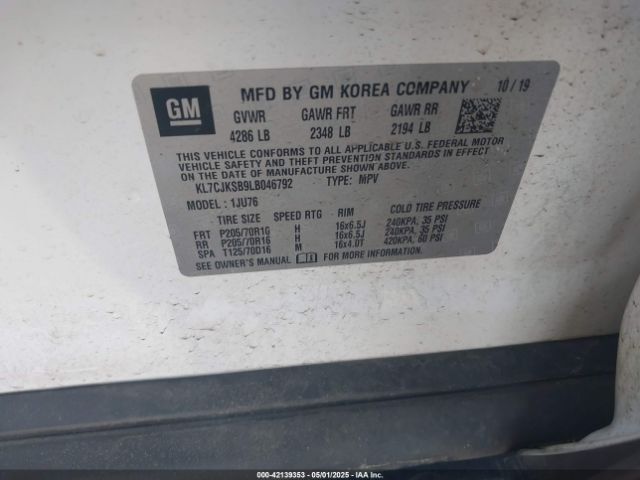 KL7CJKSB9LB046792 Chevrolet Trax Fwd Ls