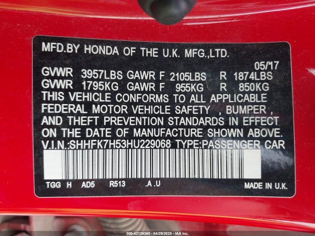 SHHFK7H53HU229068 Honda CIVIC EX