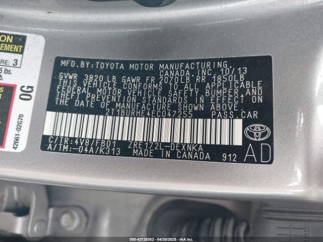 2T1BURHE4EC047255 Toyota COROLLA LE
