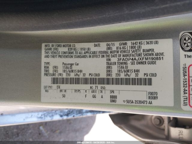 3FADP4AJXFM190851 Ford FIESTA S