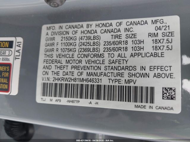2HKRW2H81MH646331 Honda Cr-v Awd Ex-l