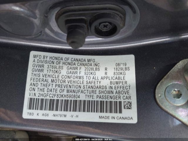 2HGFC2F83KH590804 Honda Civic Sport
