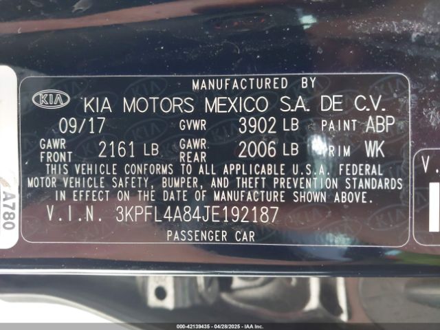 3KPFL4A84JE192187 KIA FORTE EX