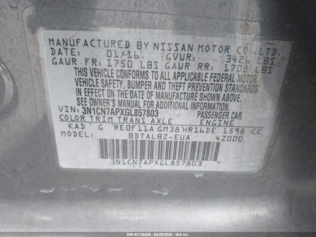 3N1CN7APXGL857803 Nissan Versa 1.6 S/1.6 S+/1.6 Sl/1.6 Sv