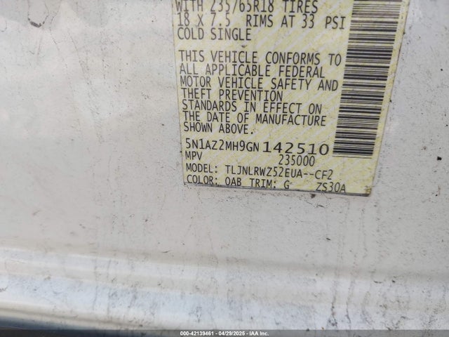 5N1AZ2MH9GN142510 Nissan MURANO SL