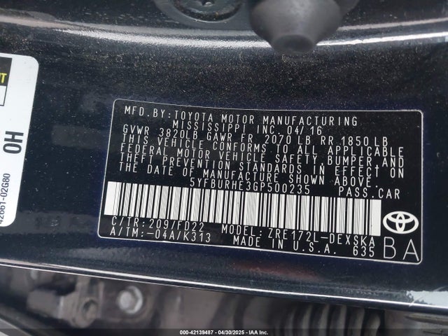 5YFBURHE3GP500235 Toyota Corolla S Plus