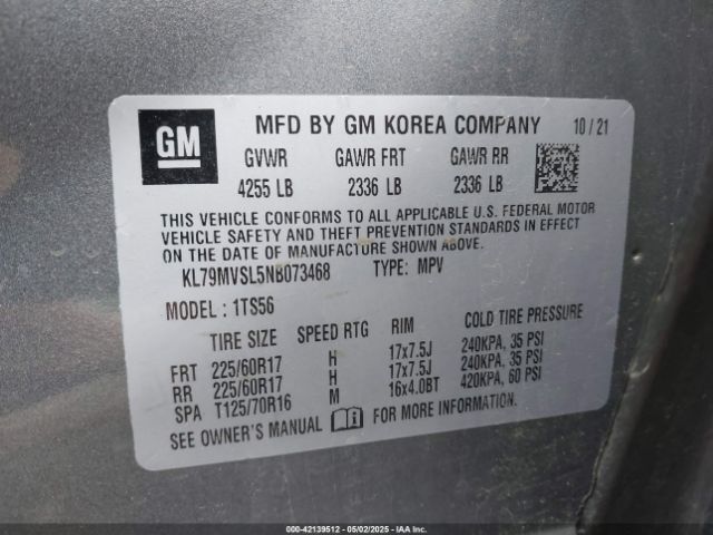 KL79MVSL5NB073468 Chevrolet Trailblazer Fwd Activ
