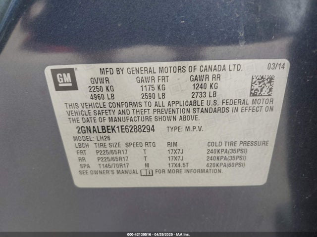 2GNALBEK1E6288294 Chevrolet EQUINOX 1LT