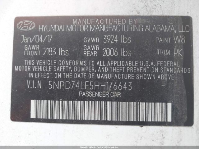 5NPD74LF5HH176643 Hyundai ELANTRA SE