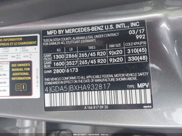 4JGDA5JBXHA932817 Mercedes-Benz GLE 350
