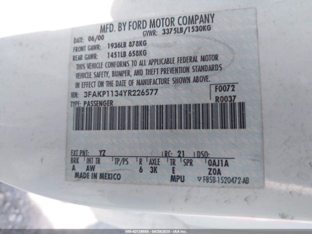 2000 FORD ESCORT 3FAKP1134YR226577 Photo 8