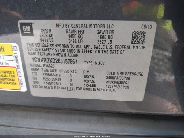 1GNKRGKD2EJ157867 Chevrolet Traverse 1lt