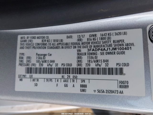 3FADP4AJ1JM100401 Ford FIESTA S