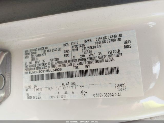 5LMCJ2C91HUL34938 Lincoln MKC SELECT