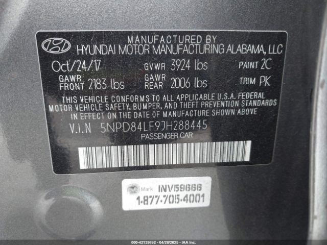 5NPD84LF9JH288445 Hyundai ELANTRA SEL