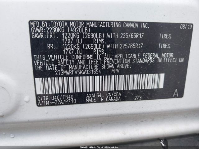 2T3MWRFV5KW031654 Toyota Rav4 Hybrid Le