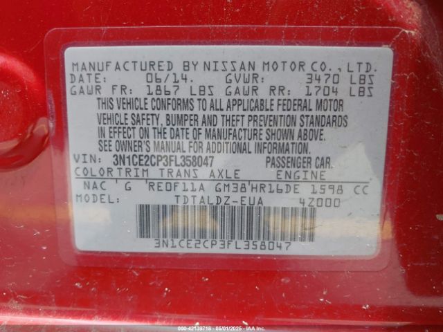 3N1CE2CP3FL358047 Nissan Versa Note S (sr)/s Plus/sl/sr/sv