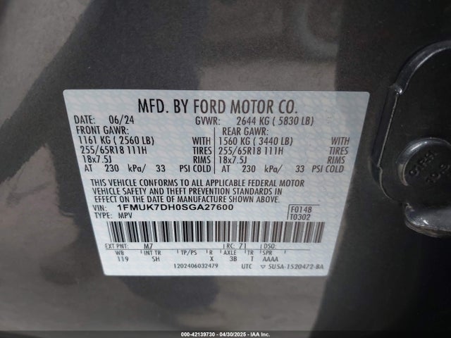 1FMUK7DH0SGA27600 Ford tivct